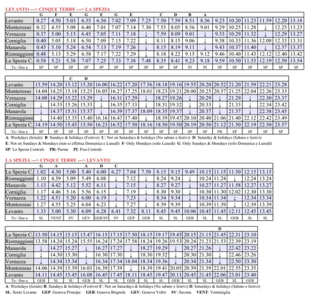 cinque terre train time table 2025